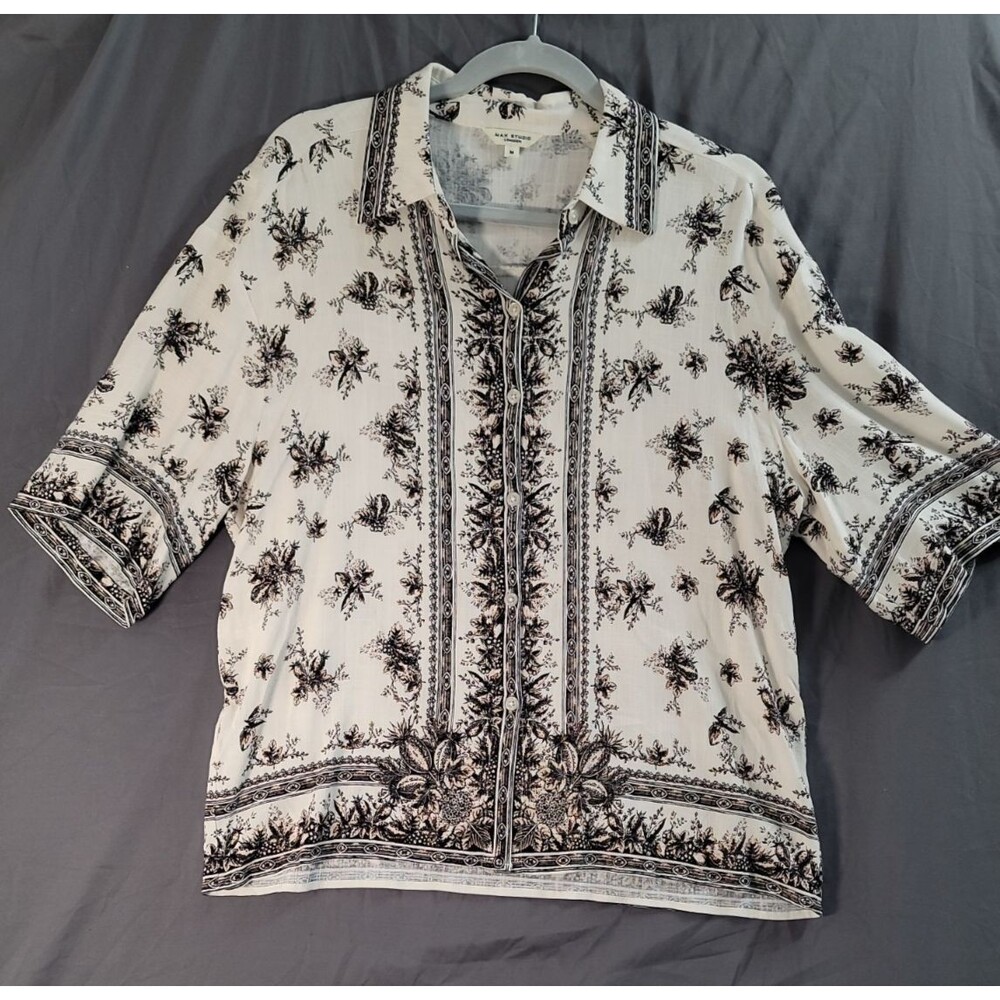 MAX Studio London Black Ivory Botanical Border Print Shirt Medium Relaxed Boho